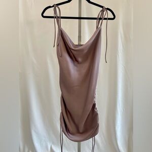 NWT Pink Moon Bay mauve satiny dress, women’s size S. Cowl neck, ruched tie side